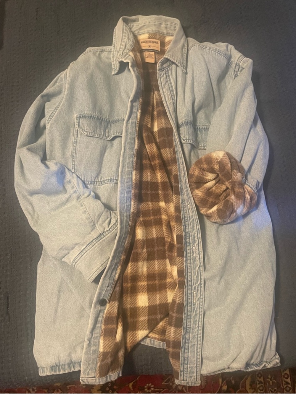 High Sierra Light Blue Denim Jacket with Brown Plaid Lining